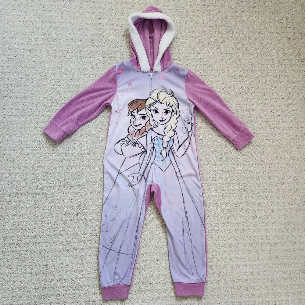 Disney Frozen Anna Elsa Girls Fleece Hooded One Piece‎ Pajamas Size 4